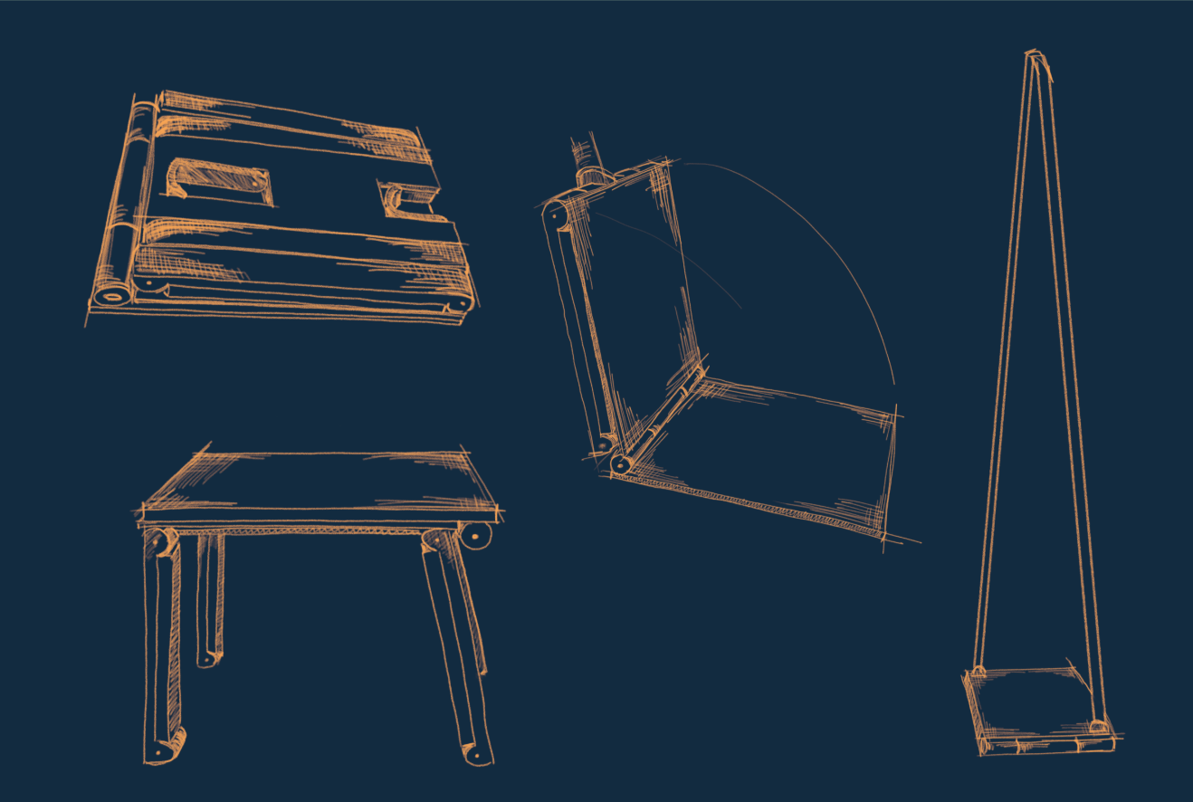 Concept drawings of foldable, hook-on, and freestanding seat variations.