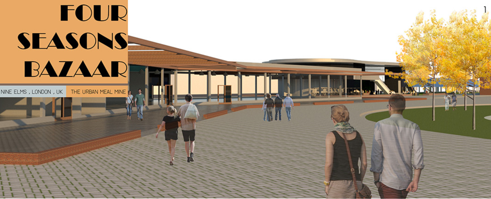 Perspective of the Four Seasons Bazaar, welcoming visitors with open plazas and seasonal landscaping.