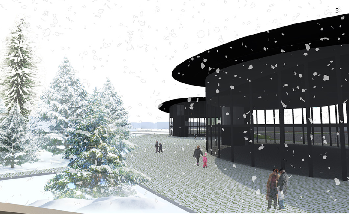 The bazaar in winter, integrating modern architecture with snowy landscapes and community gathering spaces.