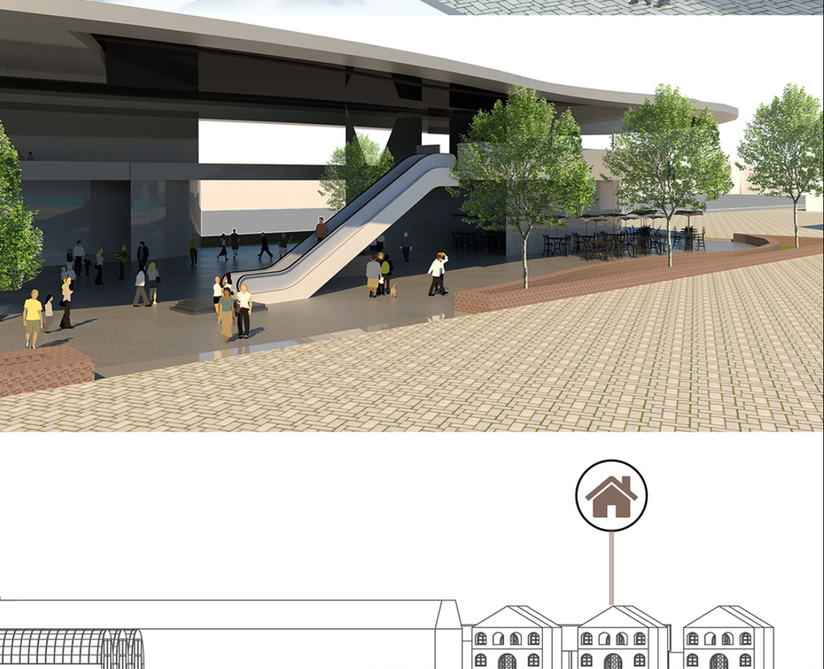 Covered public areas with escalators and seating zones, designed for accessibility and social interaction.