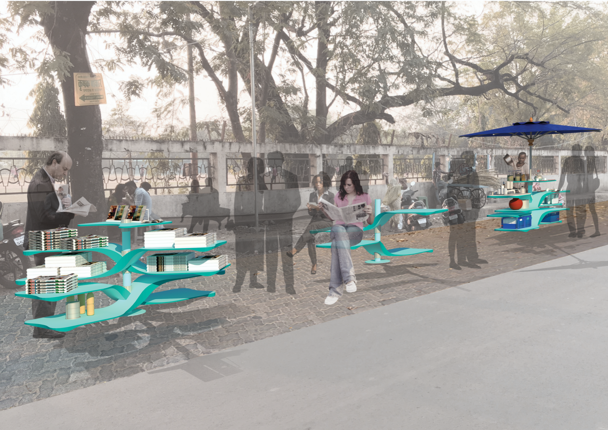 Platforms transforming into stalls and seating to sustain urban life.