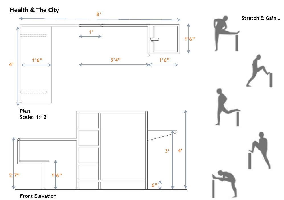 Plan and elevation of the modular urban furniture showcasing exercise and pause points.