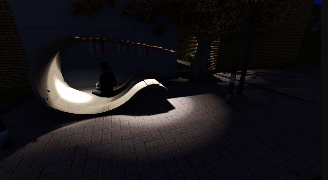 Illuminated curved bench on brick paving at night with a seated figure casting shadows