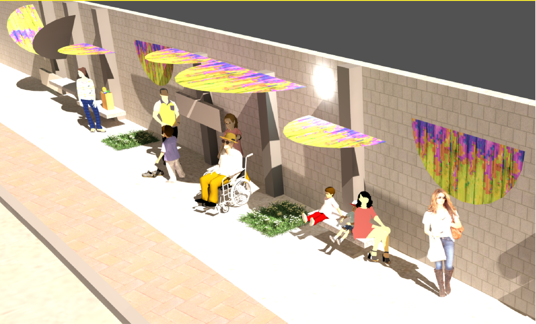 Inclusive seating under City Umbrella installations, enhancing comfort for diverse users.