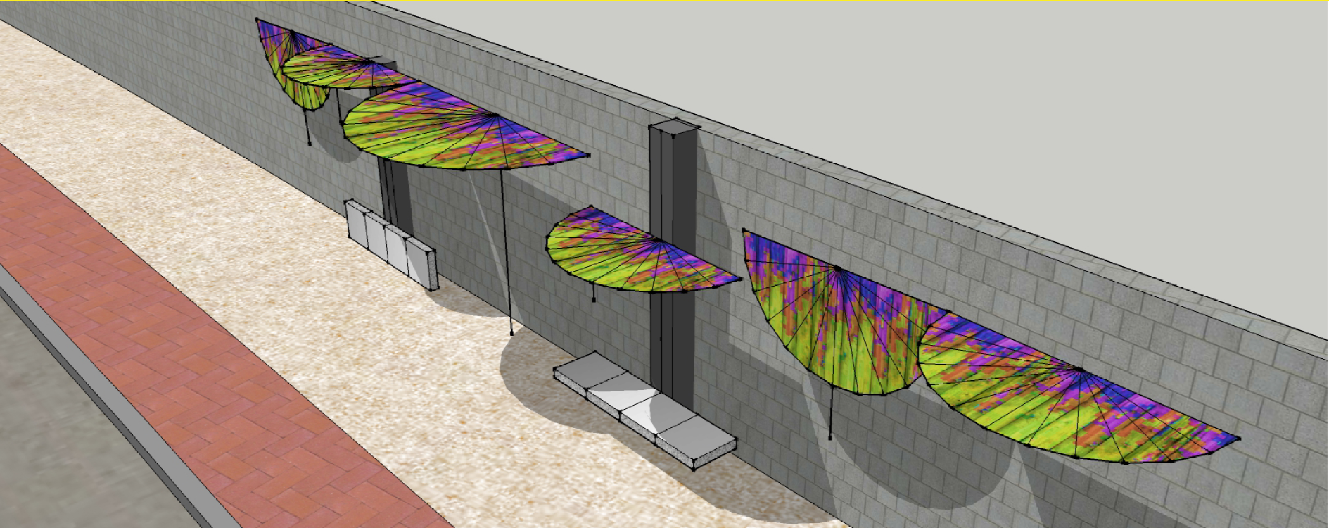Top view of modular umbrellas transforming neglected pathways into bioclimatic zones.