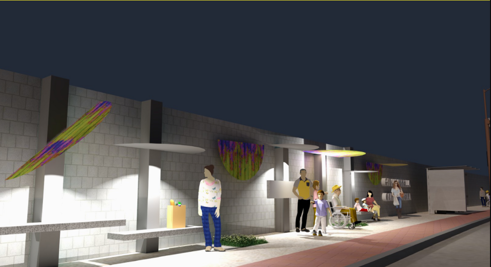 Night view of City Umbrella creating safe, inviting, and human-centric public space.