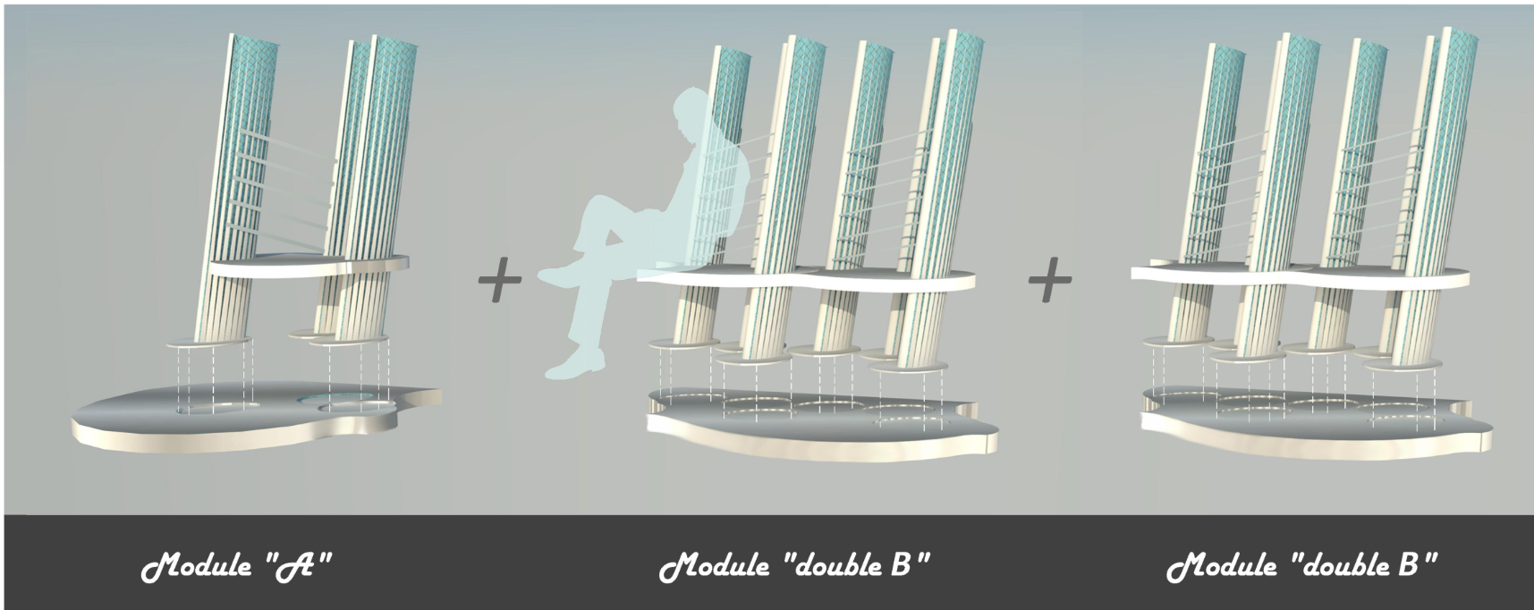 Module A and Double B create a rhythmic system of sculptural seating.