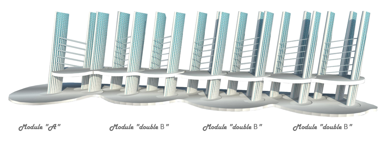A continuous arrangement of modules forming an architectural urban bench.