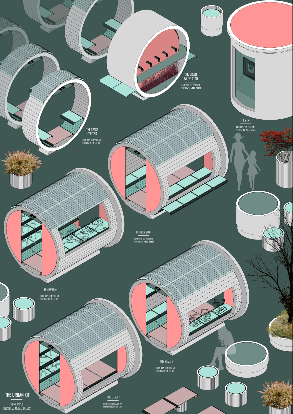 Configurations for stalls, seating, and ATM units designed with modular pipe systems.