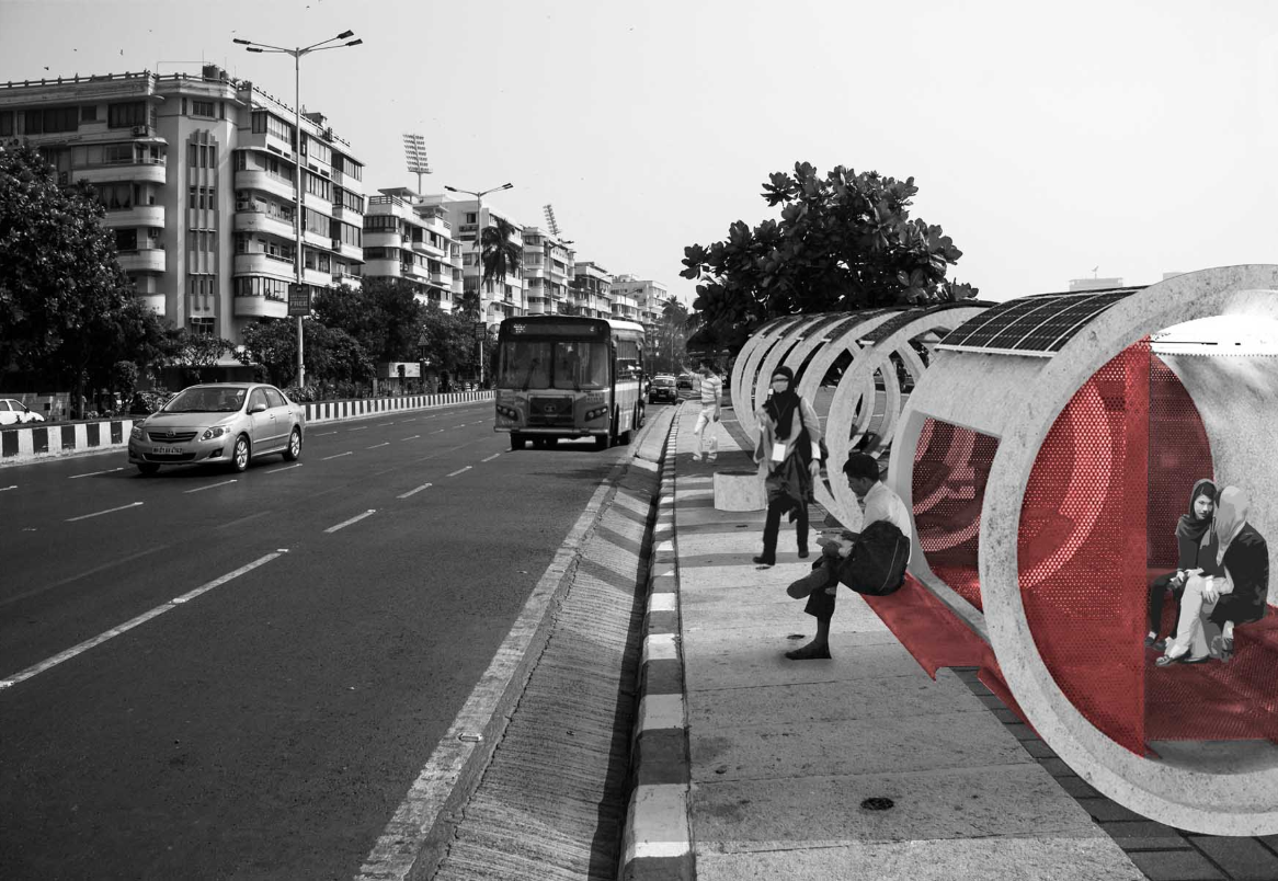 Public promenade revitalized with modular bus stops and social seating zones.