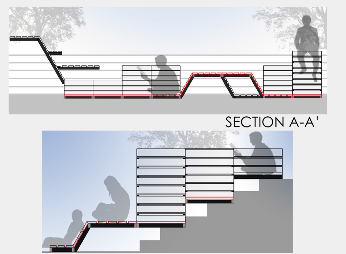 Sectional drawing A–A’ illustrating ergonomic seating integration.