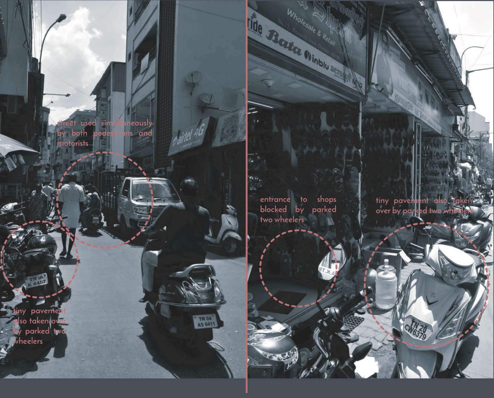 Narrow Chennai streets where pedestrians and vehicles compete for space.