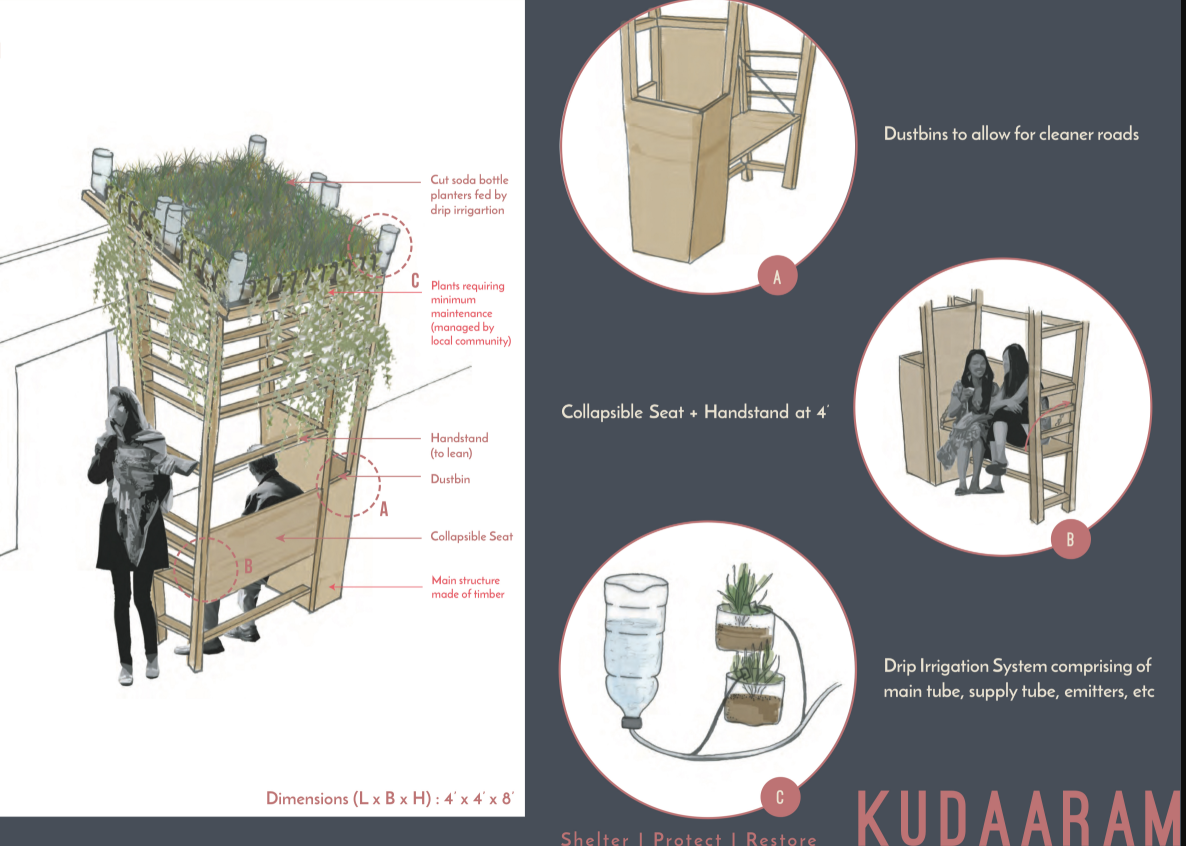 Timber pavilion prototype with collapsible seating and rooftop greenery.