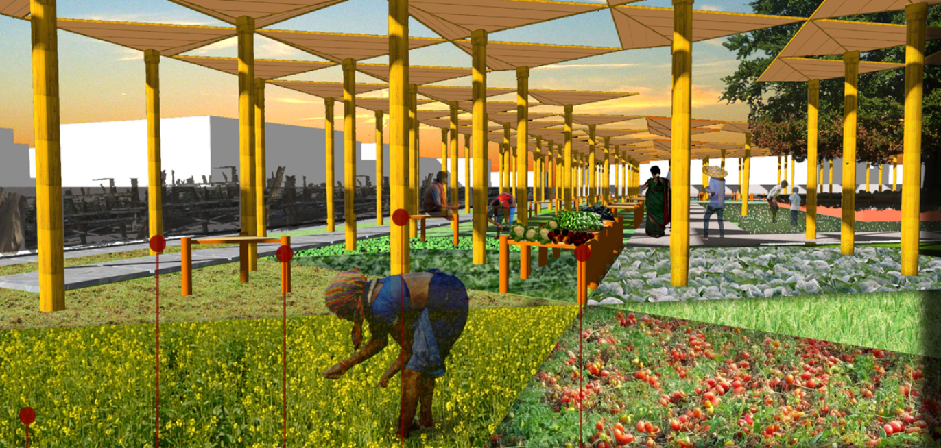 Community farming and vendor stalls under bamboo chhatris.