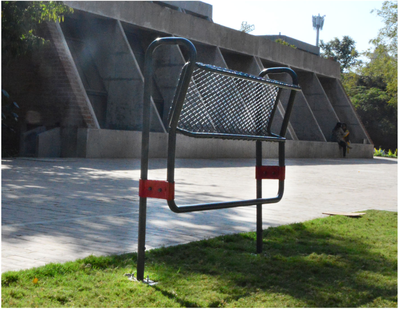 Prototype of the Lean On Barrier installed in a public plaza in Ahmedabad.