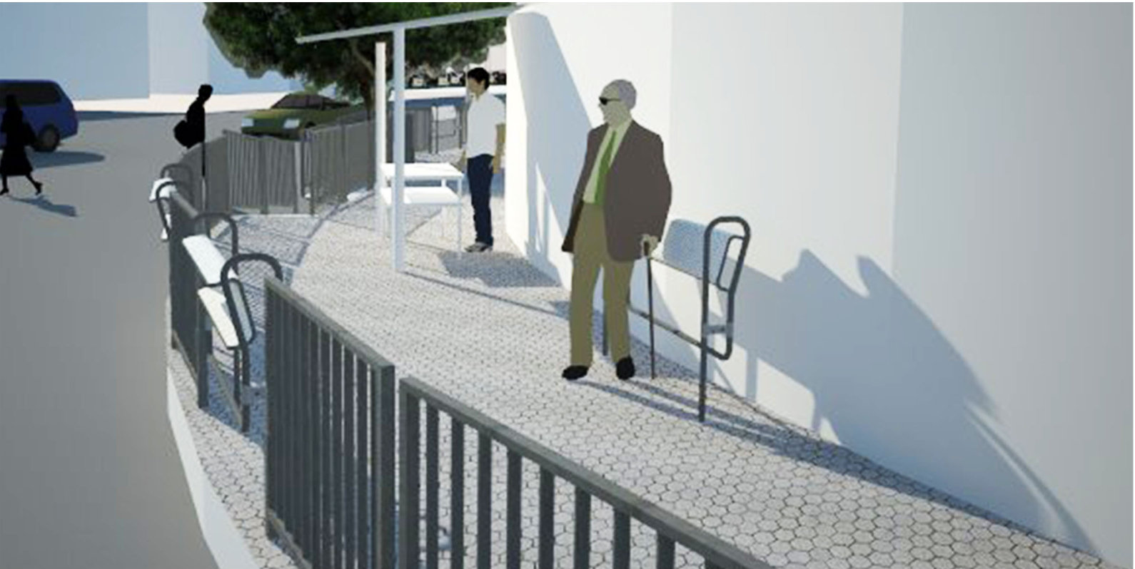 Visual rendering of barrier integration along urban sidewalks.