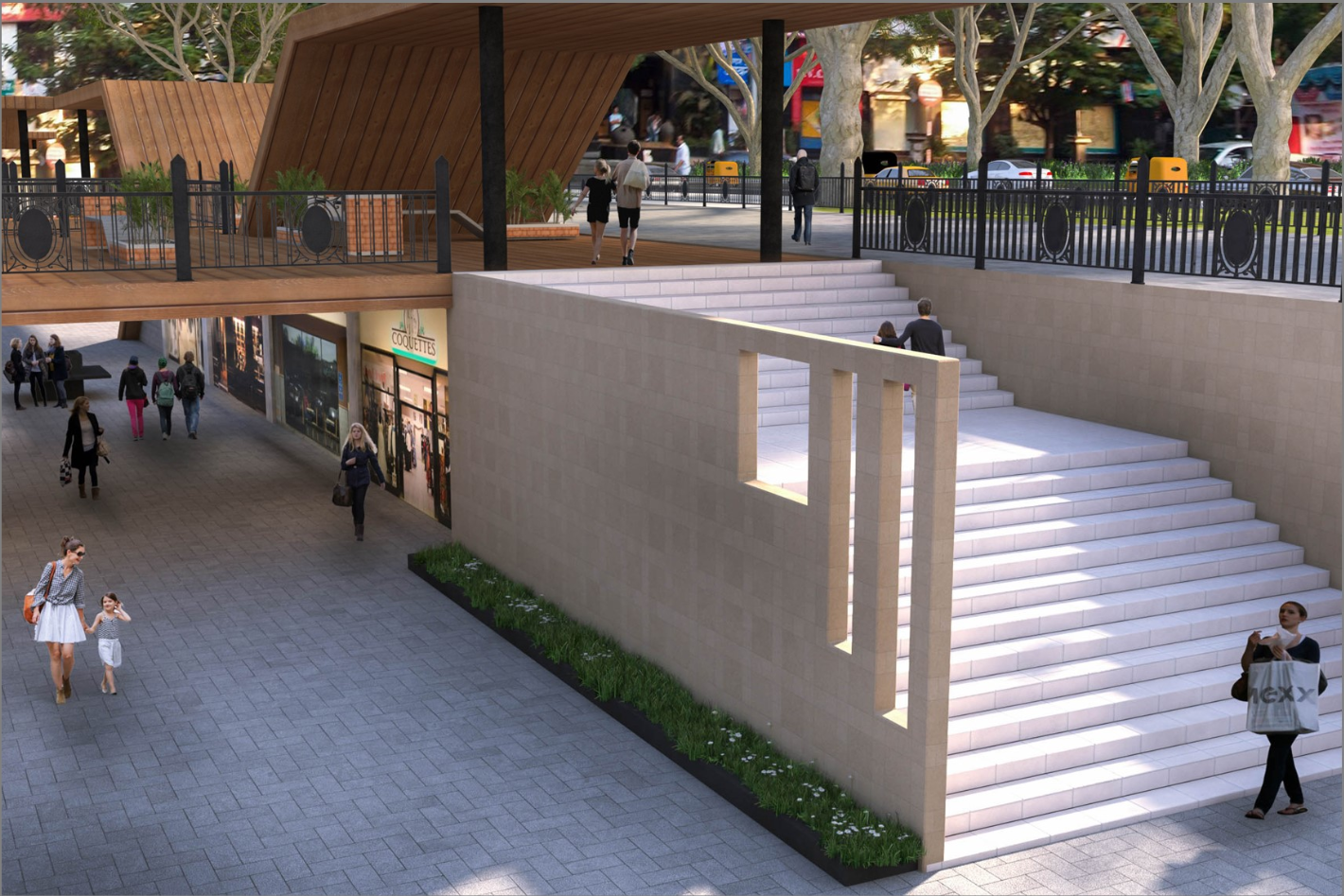 Steps connect the shopping plaza with the pedestrian street, merging movement and leisure.