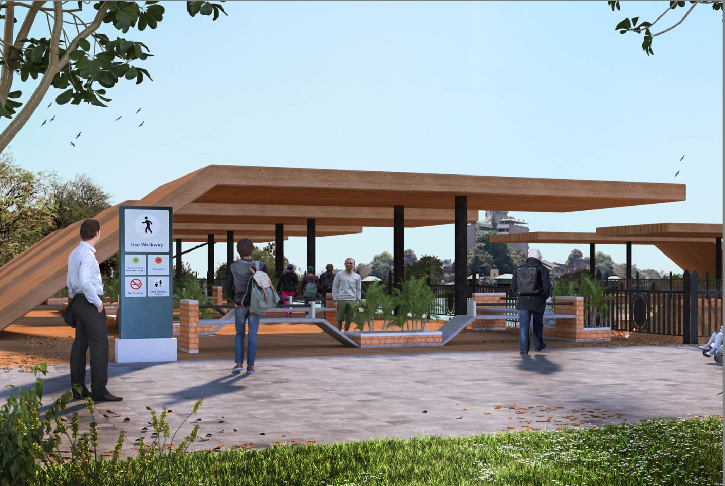 Open walkways and shaded areas create a welcoming urban design for community use.