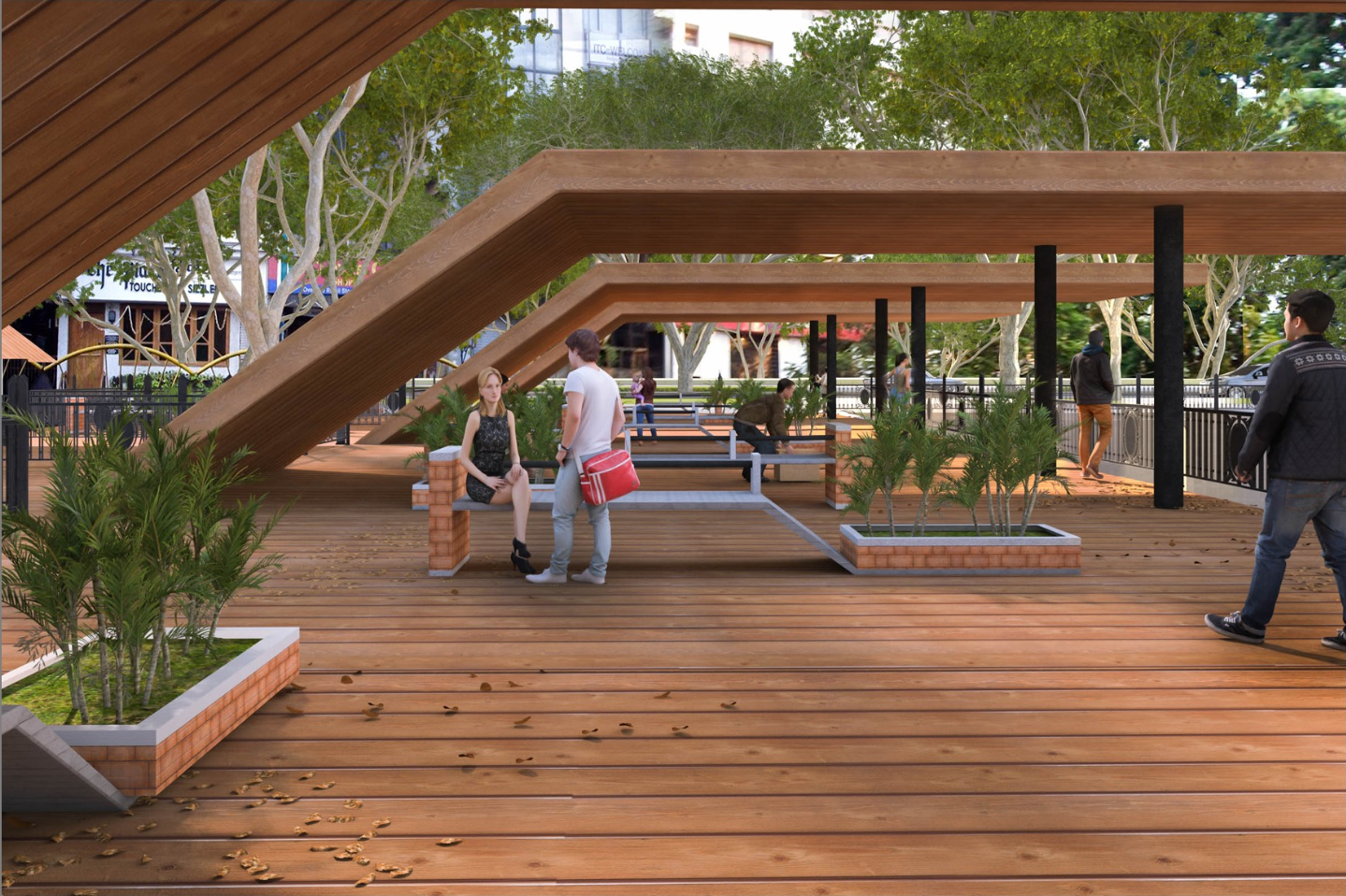 Wooden decks with seating and planters foster casual gatherings and social interaction.