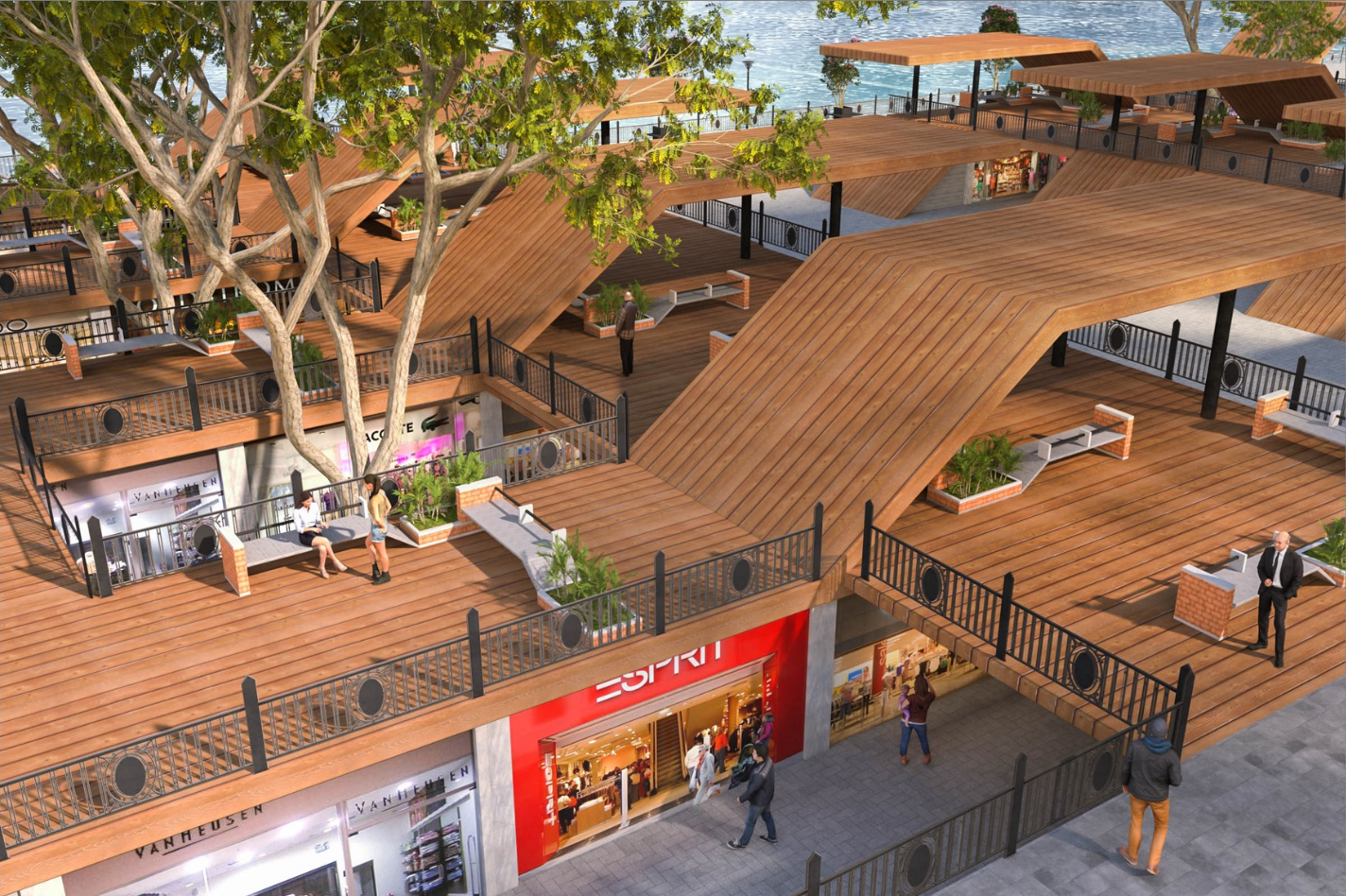 Multi-level plazas integrate shops and greenery while preserving existing trees.