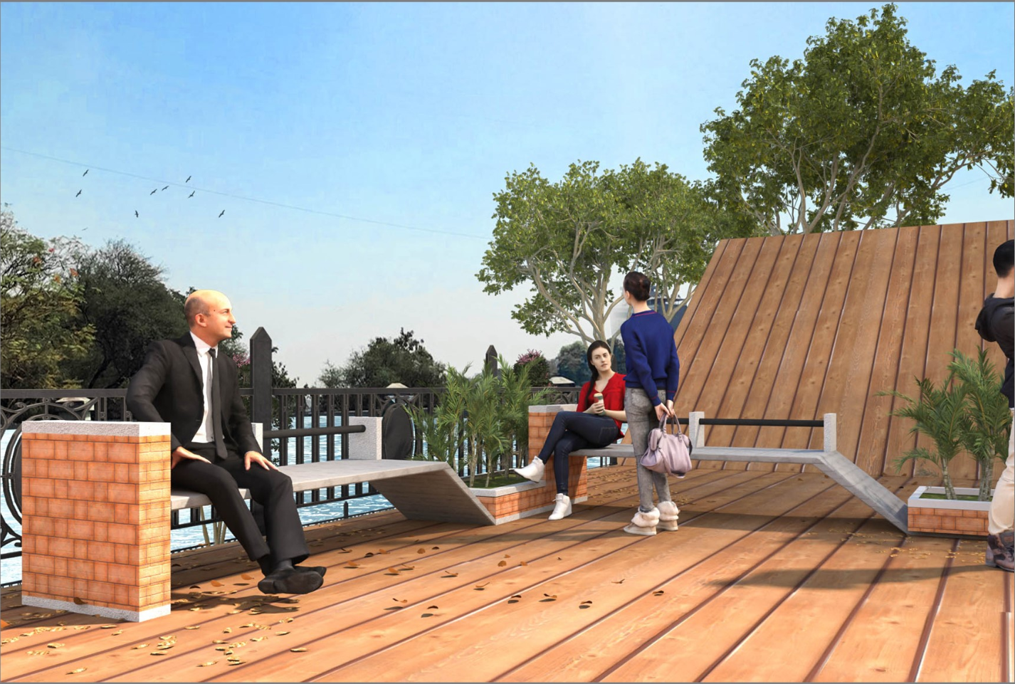 Street furniture offers relaxing views along the edge of the public plaza.