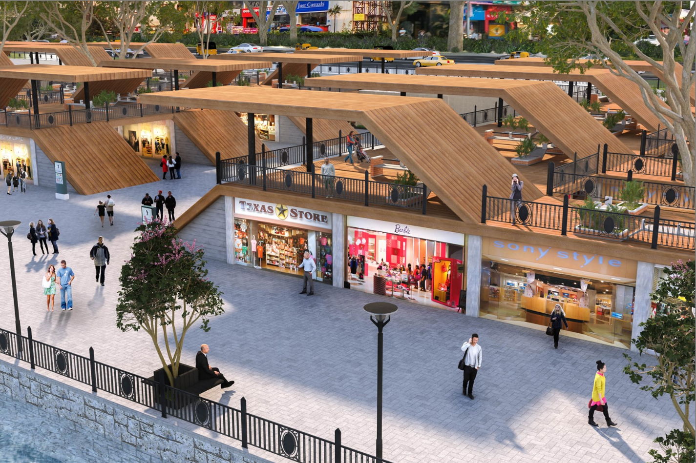 Ground-level shops and upper decks form a lively and accessible urban plaza.