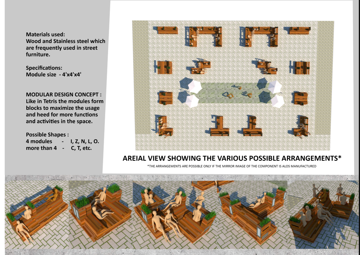 Modular Tetris-inspired arrangements of benches, adapting to different urban plaza configurations.