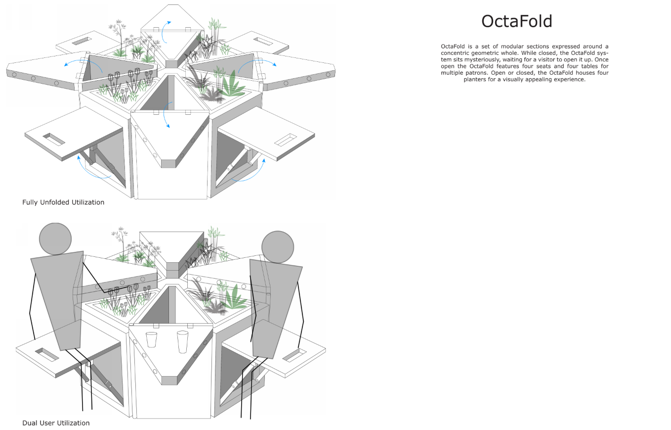 Diagram showing the unfolded utilization with integrated seating and greenery.