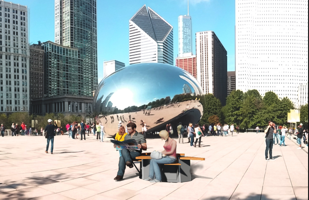OctaFold placed in a public plaza, blending seating, tables, and planting with city life.