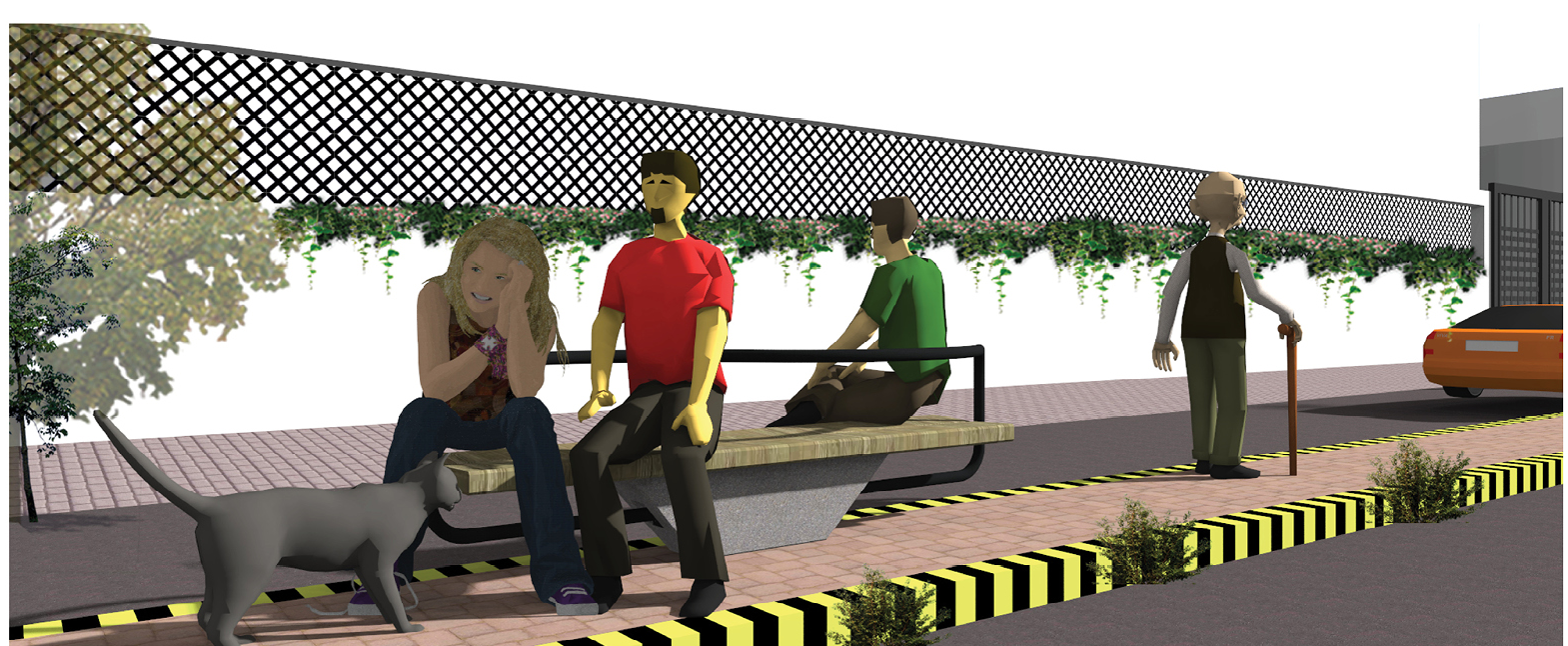 Wide rendering of cantilevered bench seating with figures and dog beneath a lattice canopy with greenery