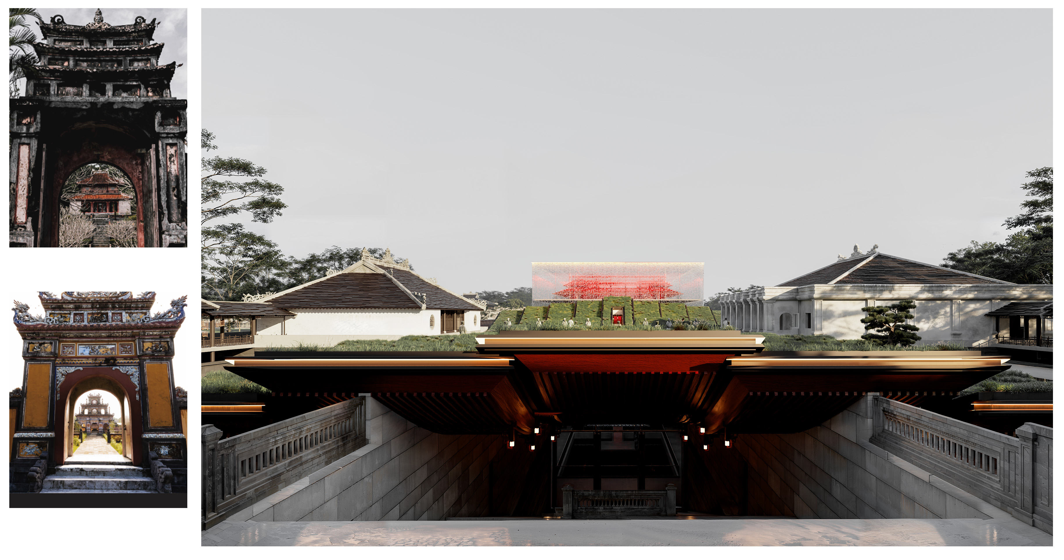 <i>Project view — Opening descent with green roof Reference above: Minh Mang Tomb, first glimpse toward Minh LauReference below: Duc Duc Tomb, first framed opening </i>