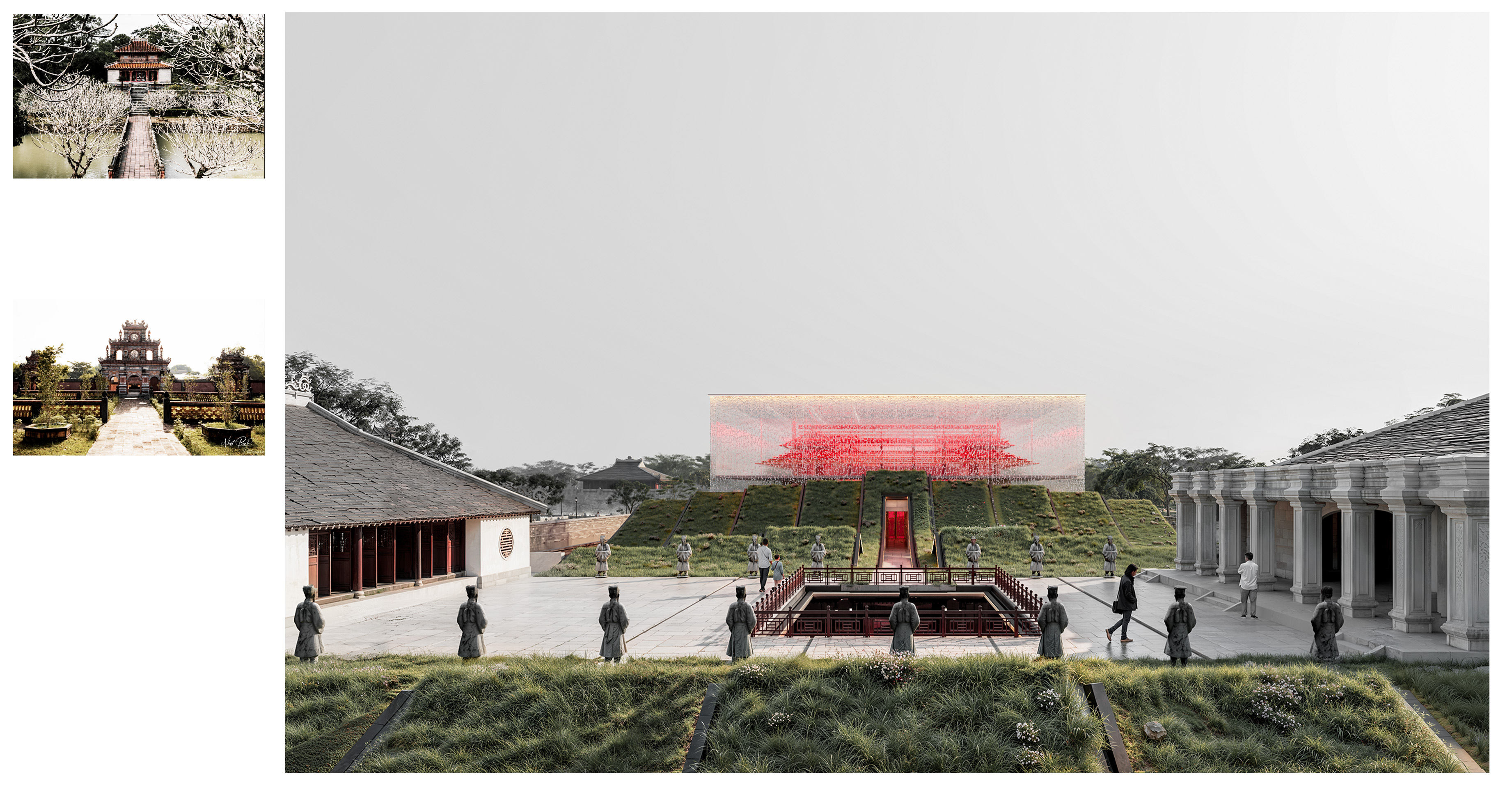 <i>Project view — Central court between heritage wingsReference above: Minh Mang Tomb, layered courts framing Minh LauReference below: Duc Duc Tomb, the second gate expanding space </i>