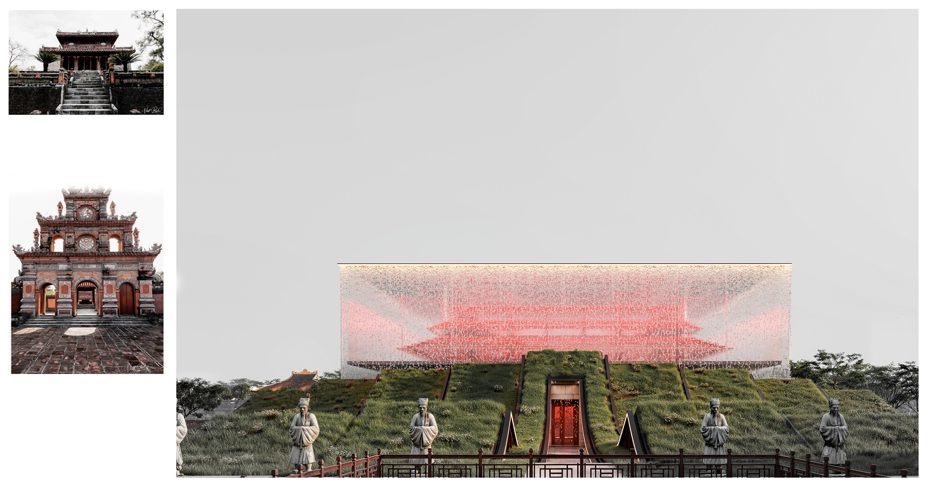 <i>Project view — The glass pavilion in focusReference above: Minh Mang Tomb, Minh Lau elevated as focal point Reference below: Duc Duc Tomb, details in sharp, sacred focus </i>