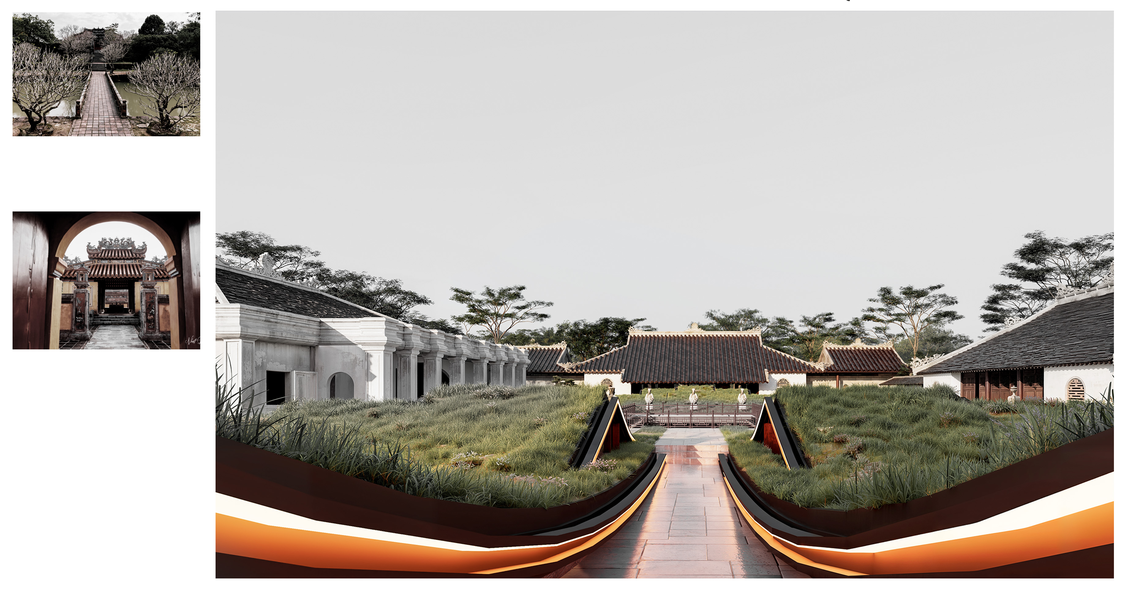 <i>Project view — Returning toward heritage courtReference above: Minh Mang Tomb, modest return viewReference below: Duc Duc Tomb, closing frame with simplicity </i>