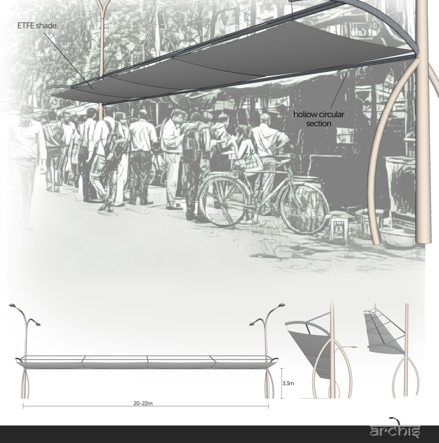 Pre-built shaded stalls with lighting, designed to organize street vendor spaces.