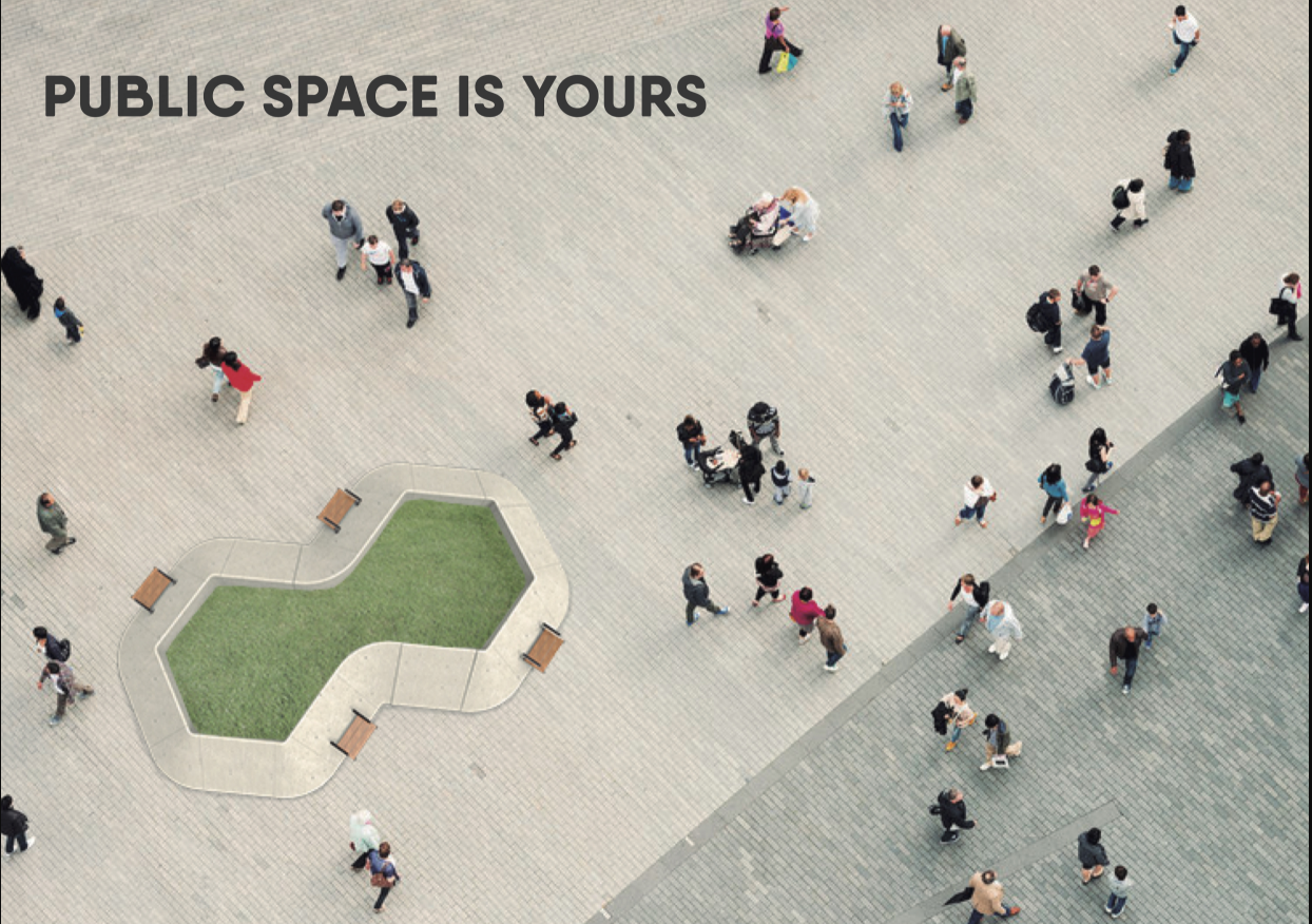 Aerial view of the cloverleaf plaza with green turf insert surrounded by pedestrians on pavers