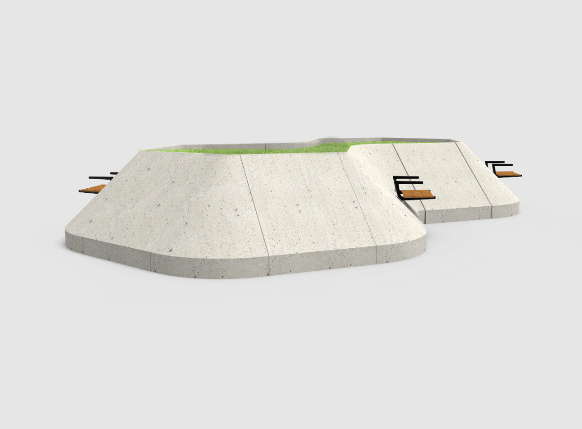 Perspective rendering showing the modular concrete paving with grass bands and wooden seating elements