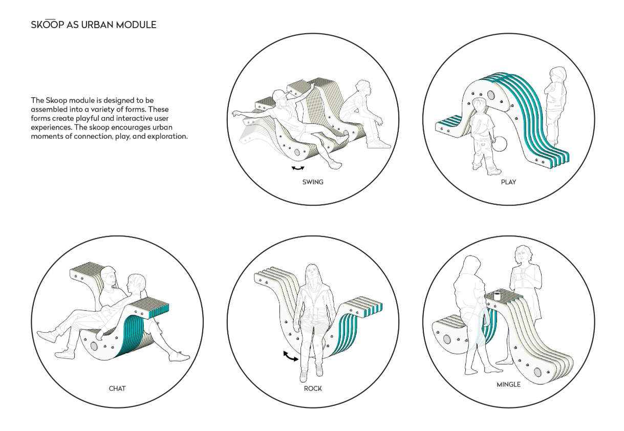 Playful forms of Skoop modules—swing, play, chat, rock, and mingle—encourage interaction, movement, and community connection.