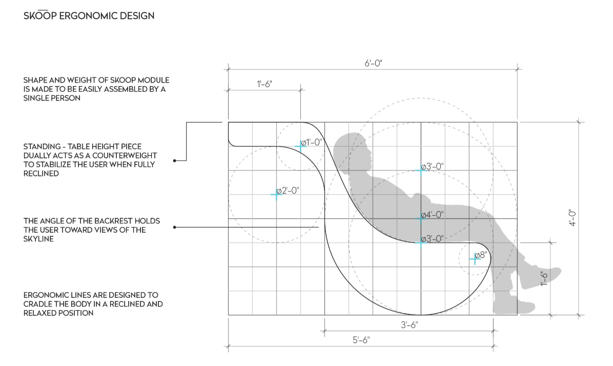 Ergonomic curves cradle the body while framing views of the skyline—Skoop merges comfort, design, and urban relaxation.