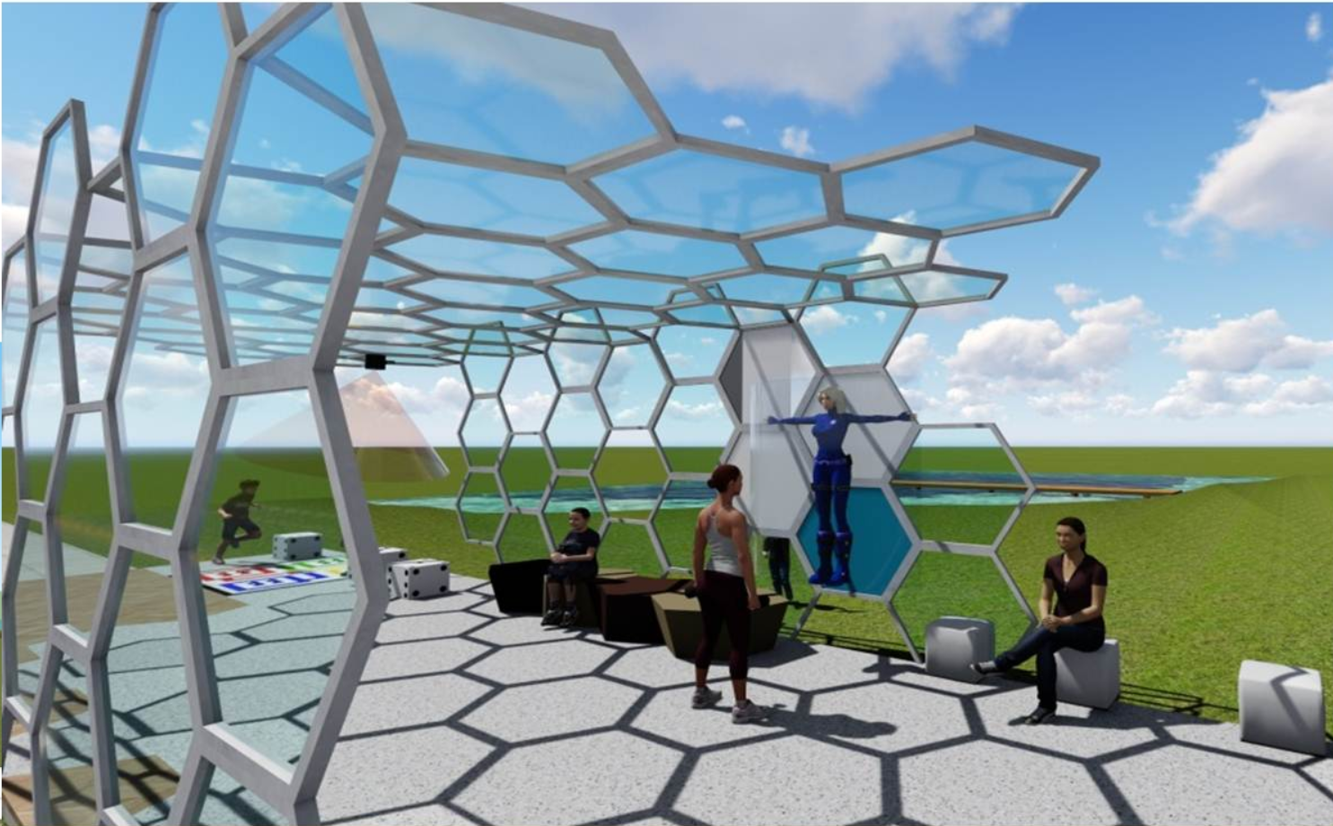 A smart pavilion blending exercise, relaxation, and interaction.