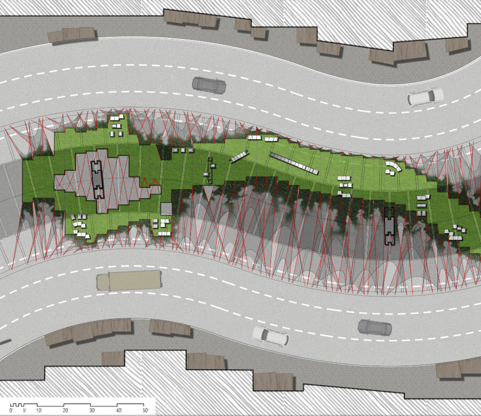 Proposed intervention reclaiming under-flyover space with greenery and modular furniture.