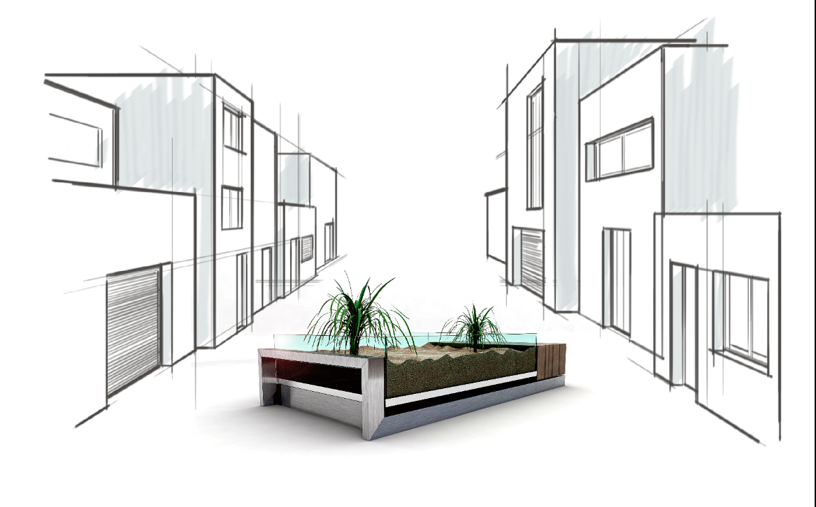 Cantero unit visualized within a sketched streetscape, redefining free urban spaces.