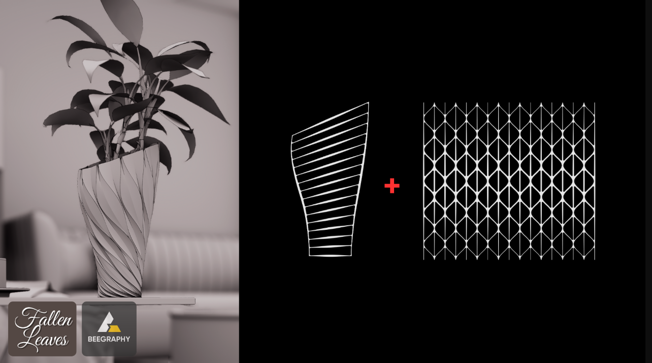 Fusion of vertical profiles and patterned sine leaves — a digital synthesis shaping the vase’s organic surface.