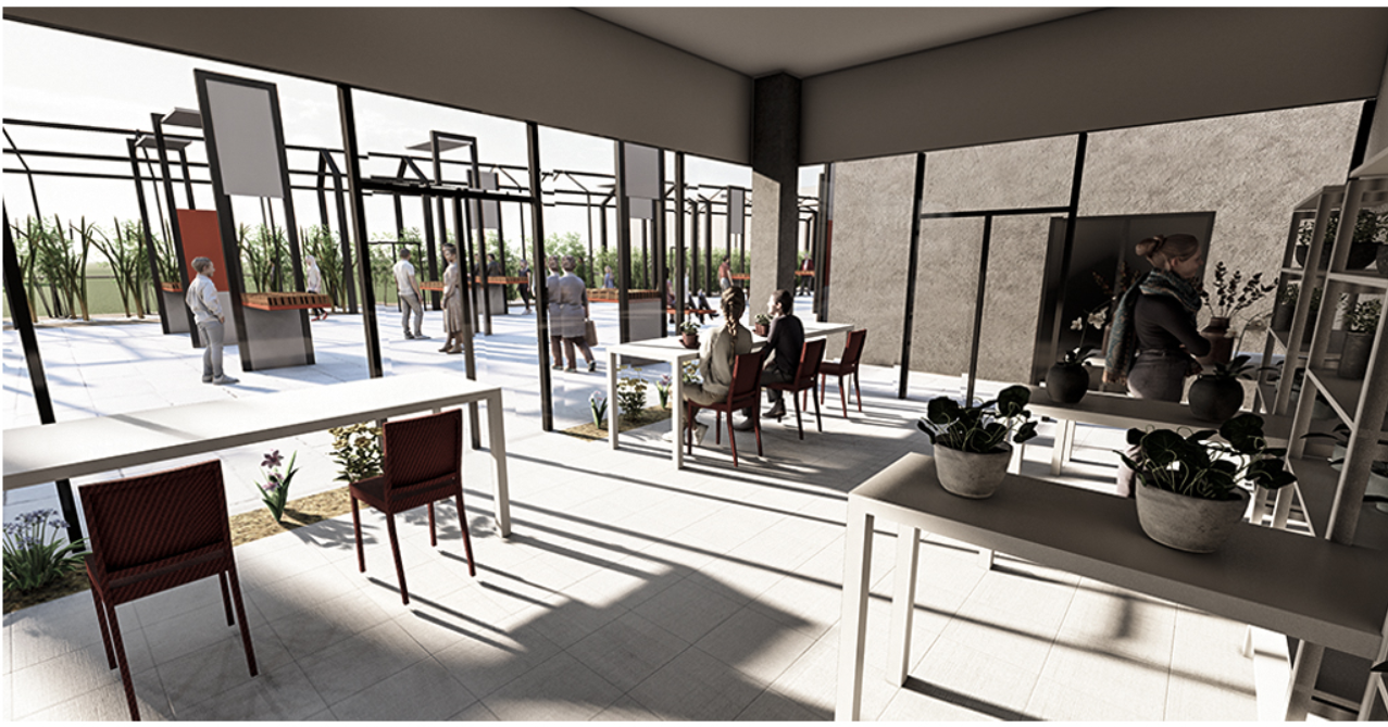 Café and workshop interiors seamlessly connect to outdoor market spaces, promoting natural light, greenery, and community exchange.