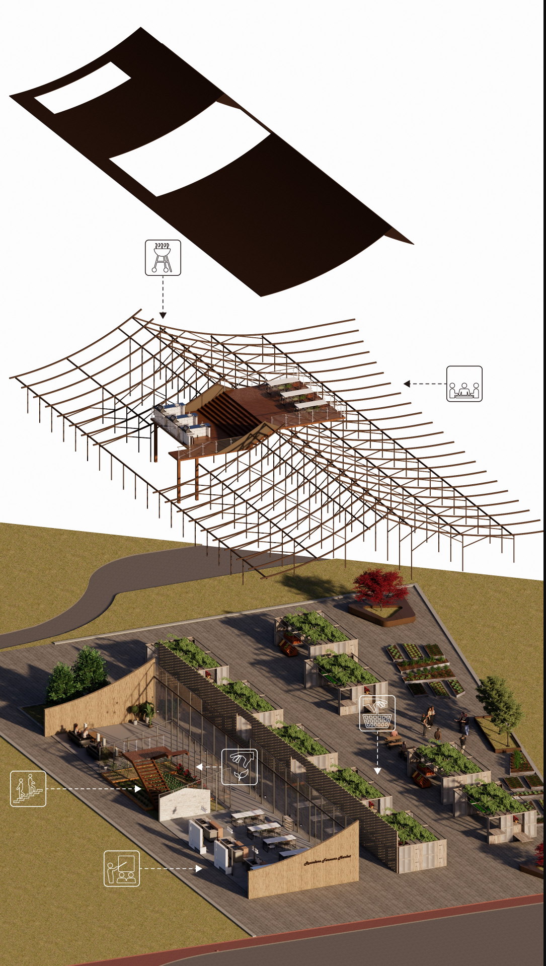Exploded axonometric drawing showing roof structure, pavilion volume and site layout with landscaped zones