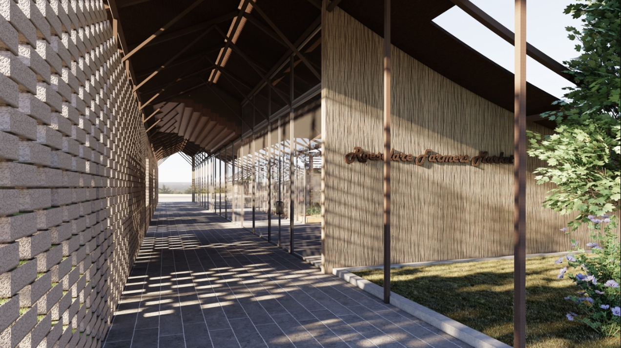 Covered walkway with perforated brick wall, exposed timber rafters and dappled afternoon sunlight
