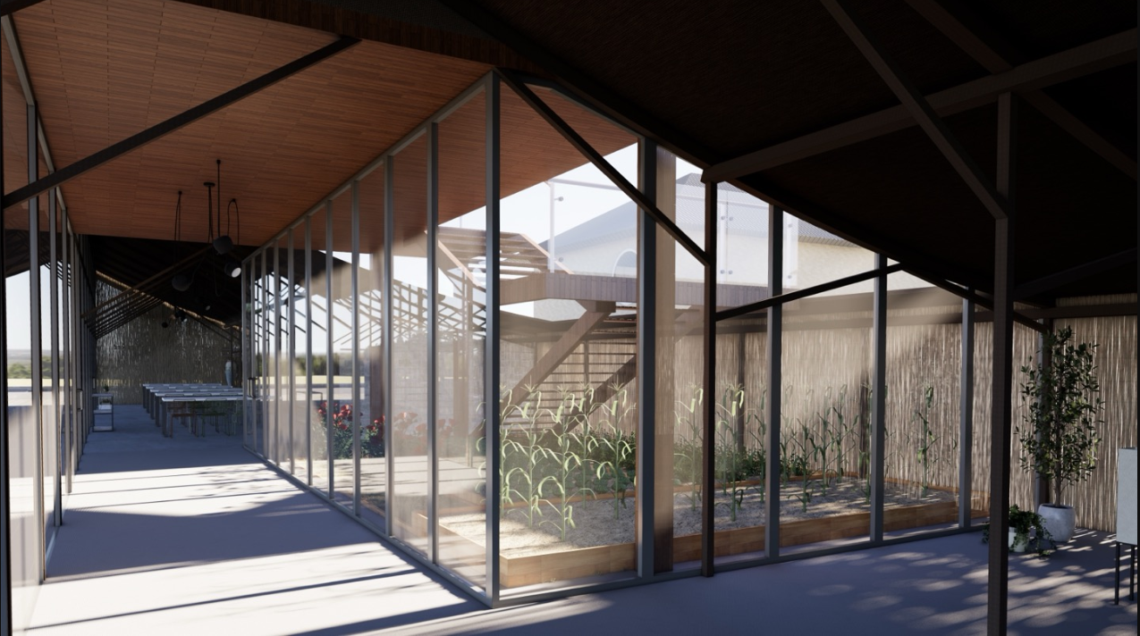Glass-walled greenhouse enclosure with planters viewed through steel frame structure in morning light