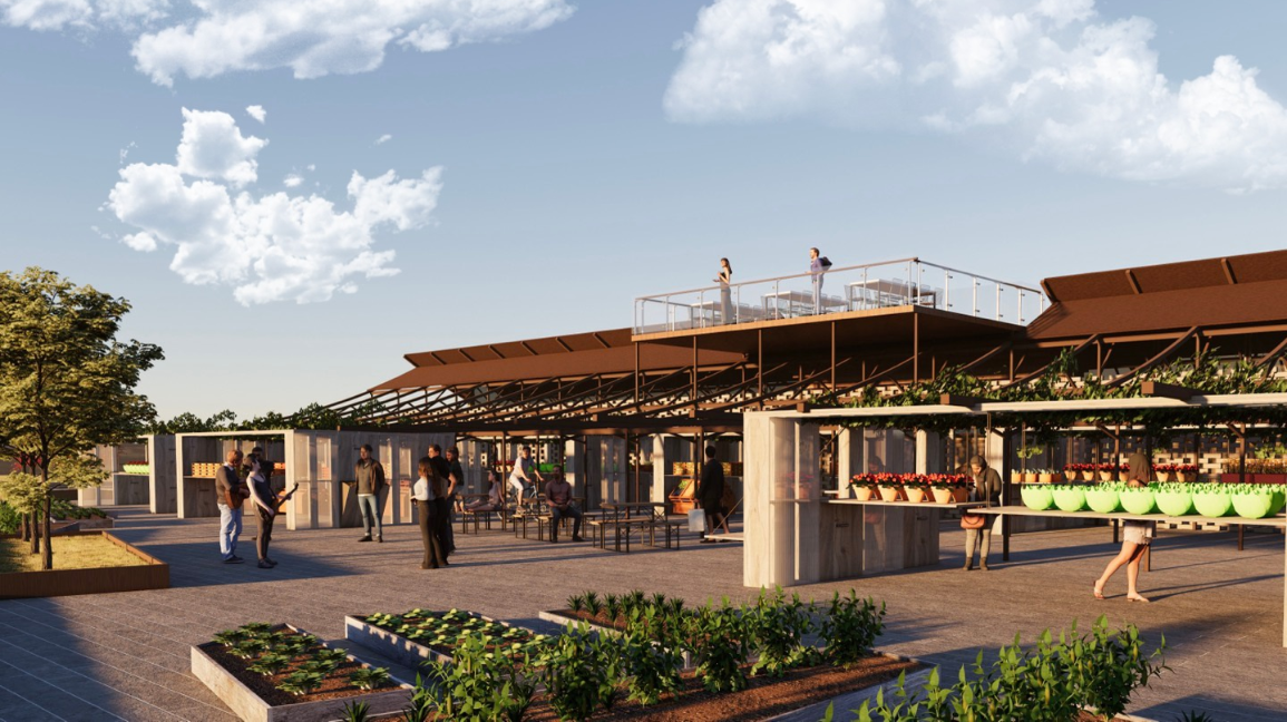 Open-air market pavilion with rooftop terrace, planted beds and visitors gathering at midday