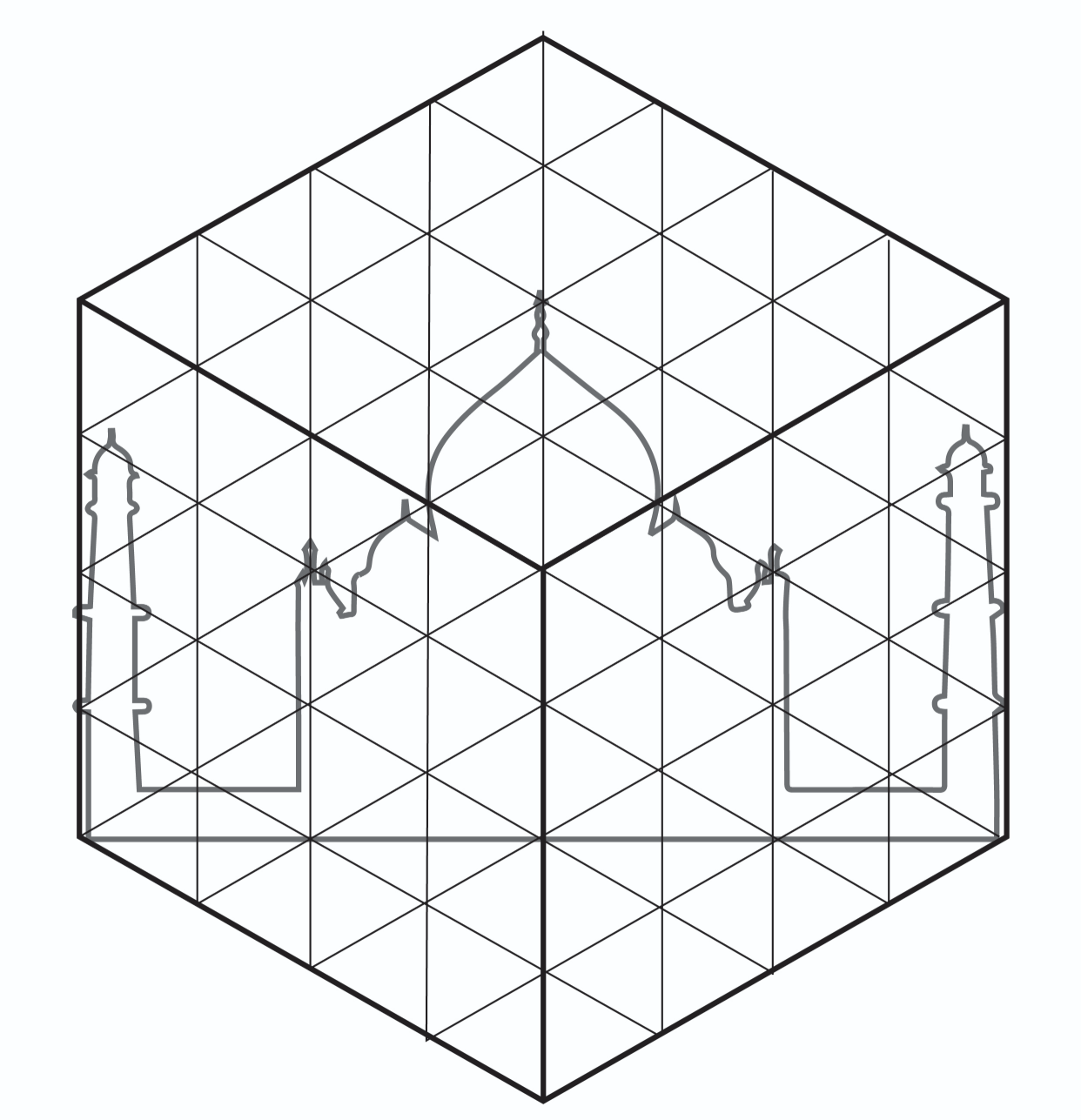 Axonometric drawing of a hexagonal structure with triangulated frame and two symmetrical openings on opposite sides