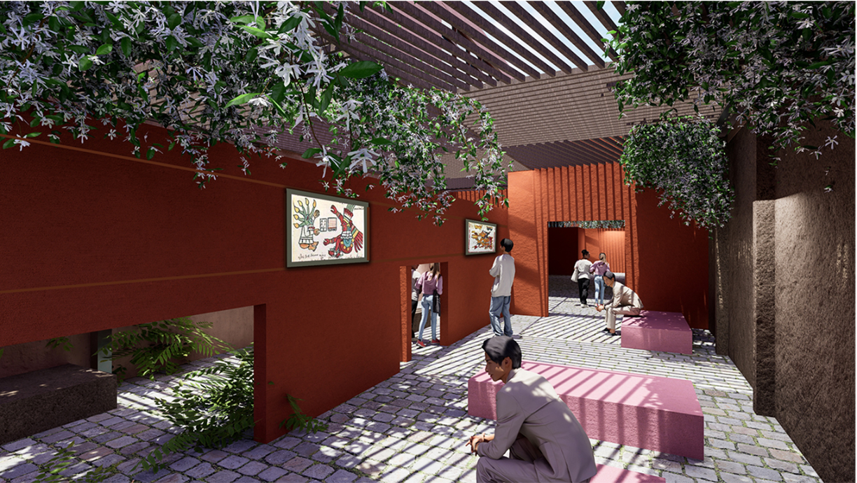 Narrow passage with red walls, timber pergola overhead and paved floor dappled in afternoon light